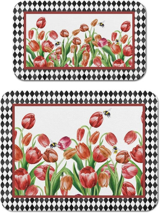 Dish Drying Mat for Kitchen Counter 2 Pack with Non-Slip Rubber Backing - Heat-Resistant Absorbent Coffee Bar Mat, Dish Rack Mat, Tulips Dish Drying Mats 18x24+19.5x12 inch