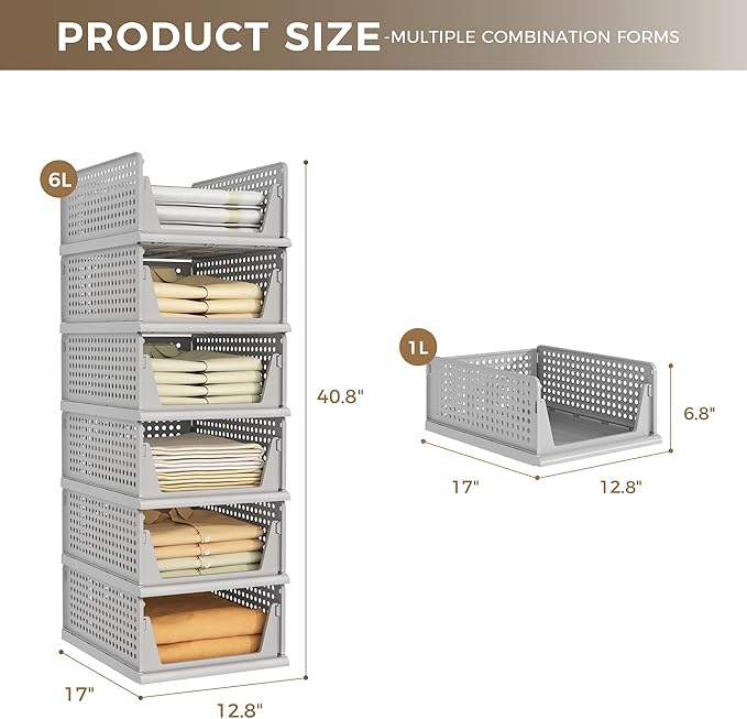 Pinkpum Grey 6 Pack Closet Organizers Storage Bins, Stackable Plastic Drawer Basket for Clothing, Stackable Storage Bins Shelf Storage Container for Closet Wardrobe Bedroom Bathroom Office - Image 3
