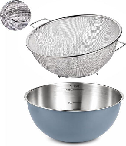 304 Stainless Steel Kitchen Colander Set, 3.5QT Colander with Handle and Bowl, 40 Mesh Fine Strainer, Fast Draining for Rice, Pasta, Fruits & Vegetables, Dishwasher Safe