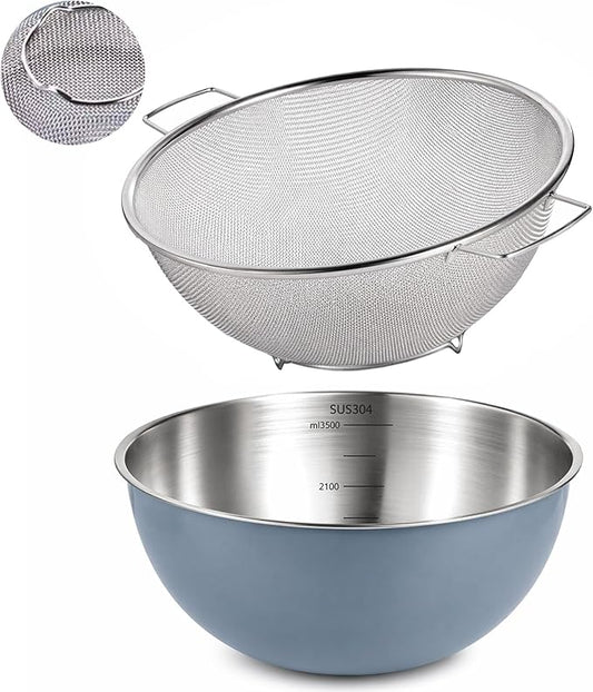 304 Stainless Steel Kitchen Colander Set, 3.5QT Colander with Handle and Bowl, 40 Mesh Fine Strainer, Fast Draining for Rice, Pasta, Fruits & Vegetables, Dishwasher Safe