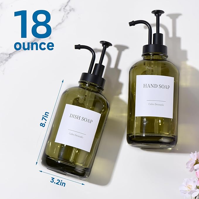 Glass Soap Dispenser with Pump, Dish and Hand Soap Dispenser for Kitchen Bathroom Set, Clear Glass Dispenser Set of 2 Pack with 18 Stickers Funnel Bamboo Tray 500ml 18oz Green - Image 6