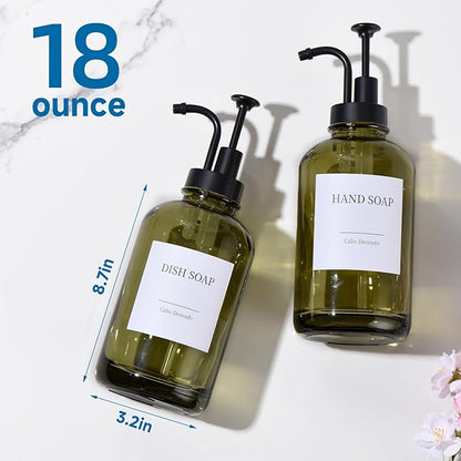 Glass Soap Dispenser with Pump, Dish and Hand Soap Dispenser for Kitchen Bathroom Set, Clear Glass Dispenser Set of 2 Pack with 18 Stickers Funnel Bamboo Tray 500ml 18oz Green - Image 6