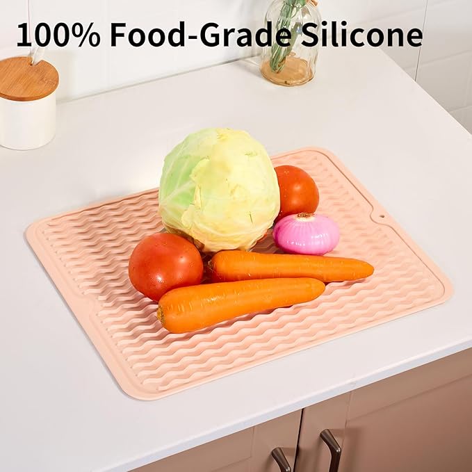 ZLR Silicone Dish Drying Mat & Heat Resistant Trivet (12" x 16") - Waterproof Counter Protector for Air Fryer, Coffee Maker - Non-Slip, BPA Free Kitchen Pad, Easy Clean Dishwasher Safe (Peach Pink) - Image 9