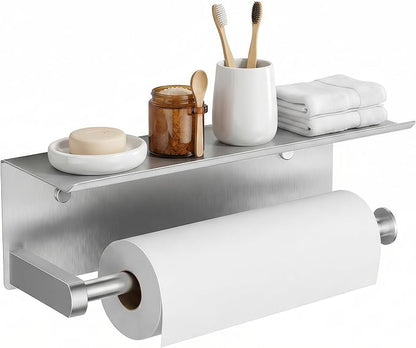FORIOUS Paper Towel Holder with Shelf, SUS304 Stainless Steel Paper Towel Holder with Storage Shelf, Wall Mount Screw Paper Roll Organizer Commercial Paper Hand Towel Dispensers, Sliver by FORIOUS