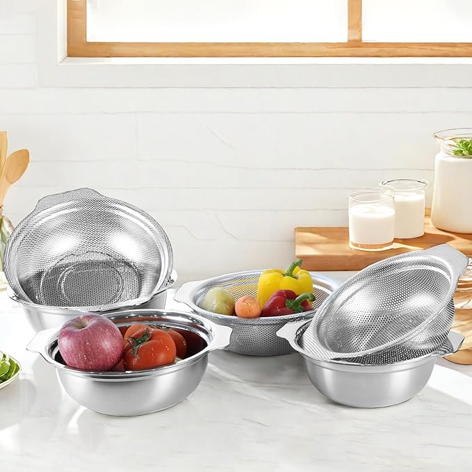 Extra Large 5.5QT Stainless Steel Colander, Large Capacity Rice Colander with Mixing Bowl, Rice Strainer for Vegetables, Fruit, Spaghetti, Pasta Strainer, Dishwasher Safe(2PC) - Image 6