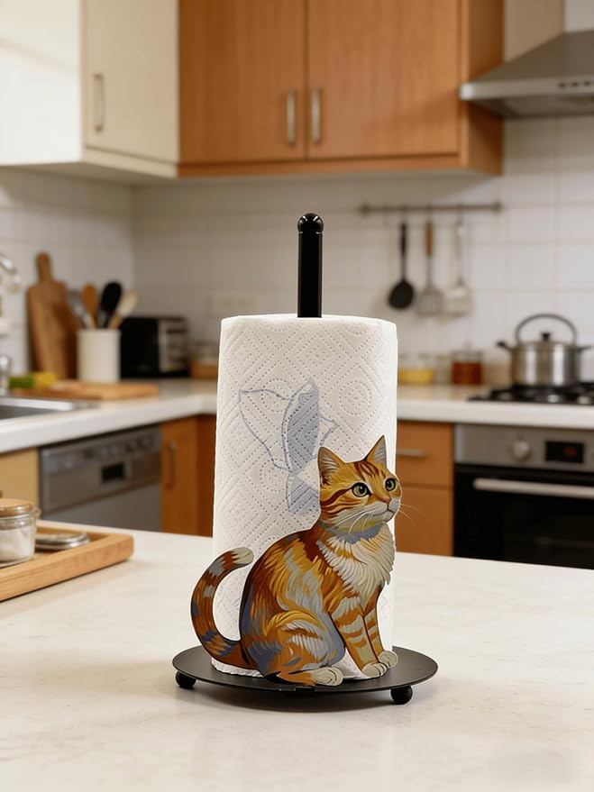 Cat Paper Towel Holder Countertop, Freestanding Paper Roll Holder, Easy One-Handed Tear Kitchen Paper Towel Stand with Weighted Base, Cute Animal Home Decor for Kitchen and Bathroom Countertop(1 Pack)