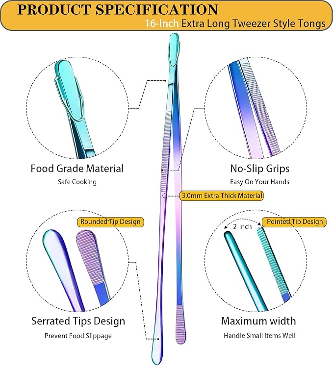 JETKONG 2 Pcs 16-Inch Stainless Steel Fine Tongs Extra Long Chopstick Tongs Long Kitchen Forceps for Cooking (Rainbow) - Image 2
