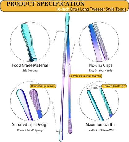 JETKONG 2 Pcs 16-Inch Stainless Steel Fine Tongs Extra Long Chopstick Tongs Long Kitchen Forceps for Cooking (Rainbow) - Image 2