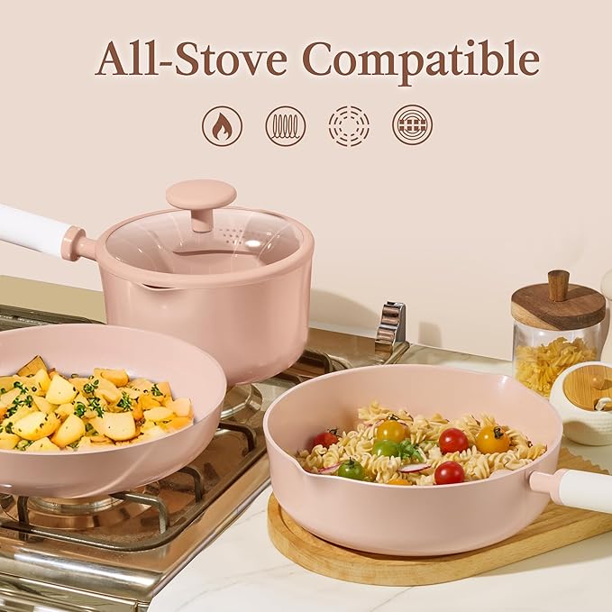 CAROTE Ceramic Cookware Set Nonstick, 9pcs Pots and Pans Set Non stick, Non-Toxic & PFAS-Free,Dishwasher, RV/Camping Cookware Set,Sauce Pan with Lid, Pink - Image 6