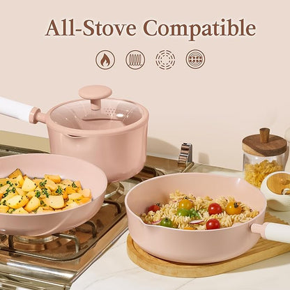 CAROTE Ceramic Cookware Set Nonstick, 9pcs Pots and Pans Set Non stick, Non-Toxic & PFAS-Free,Dishwasher, RV/Camping Cookware Set,Sauce Pan with Lid, Pink - Image 6