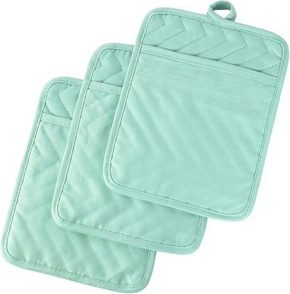 Anyi Pot Holders and Oven Mitts 7" X 9" Heat Resistant Cotton Pocket Pot Holder Set Feature of Non Slip Kitchen Hot Pad Oven Mitts, 3-Pack (Aqua Sky) by Unknown