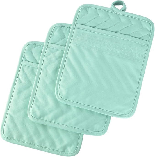 Anyi Pot Holders and Oven Mitts 7" X 9" Heat Resistant Cotton Pocket Pot Holder Set Feature of Non Slip Kitchen Hot Pad Oven Mitts, 3-Pack (Aqua Sky) by Unknown