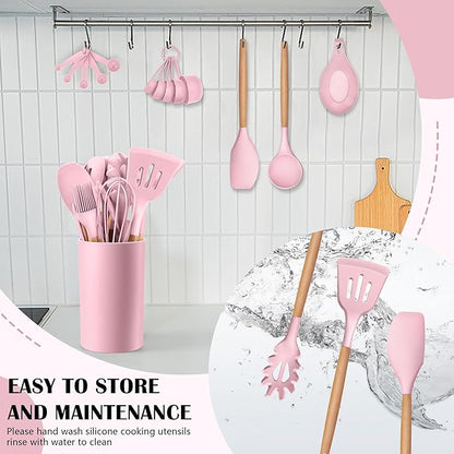HaWare Kitchen Cooking Utensils Set, 23-Piece Silicone Kitchen Utensils Spatula Set with Holder, Heat Resistant Wooden Handle Kitchen Gadget for Nonstick Cookware, Food-grade Turner Spoon Sets (Pink) - Image 7