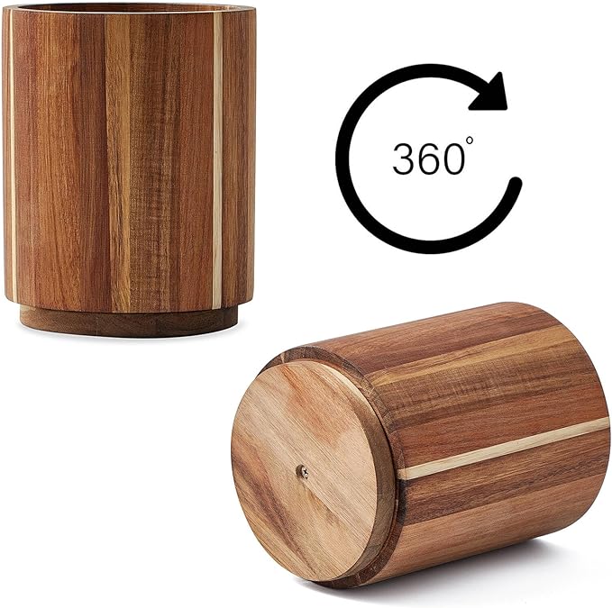 Acacia Wood Utensil Holder for Kitchen Counter, 360° Rotating 7.2" Wooden Cooking Utensil Crock for Countertop, Farmhouse Kitchen Decor - Image 2