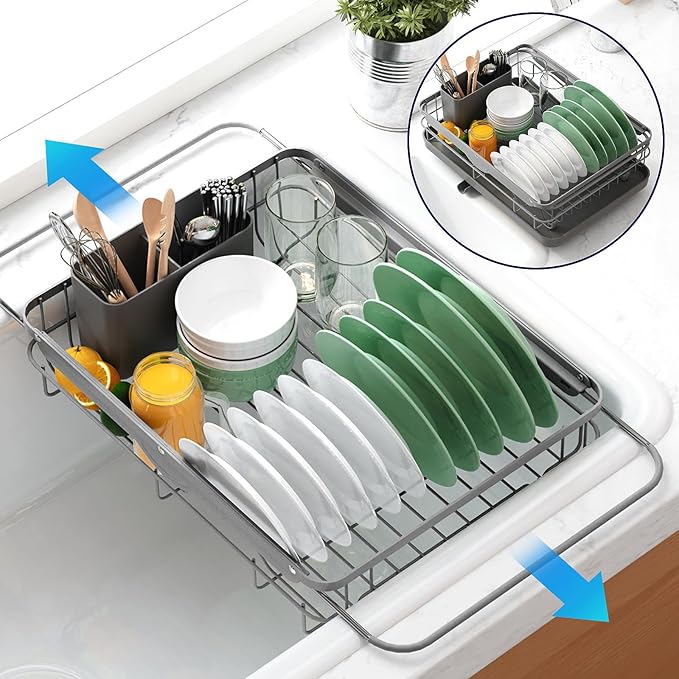 Kitsure Dish Drying Rack for Kitchen Counter, Stainless Steel Sink Organization and Storage Essentials with Cutlery Holder, Home and Appartment Decor, 12.2''W x 15.7''~23''L, Grey by Kitsure