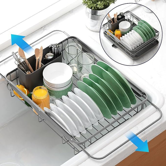 Kitsure Dish Drying Rack for Kitchen Counter, Stainless Steel Sink Organization and Storage Essentials with Cutlery Holder, Home and Appartment Decor, 12.2''W x 15.7''~23''L, Grey by Kitsure