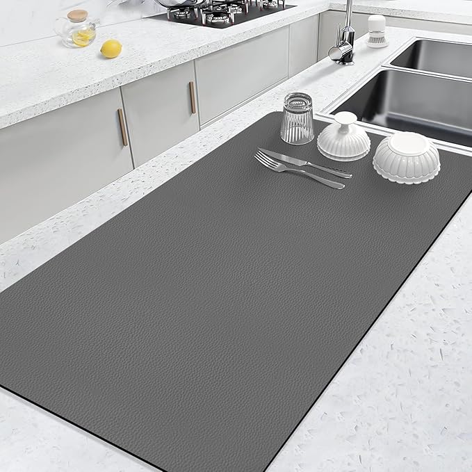 LOPNUR Kitchen Dish Drying Mat, 31.5"x17" Extra Large Dish Drying Mats for Kitchen Counter, Diatomite Coffee Mat, Super Absorbent Dish Drying Pad, Heat Resistant Mat with Anti-slip Rubber Backed, Grey by LOPNUR