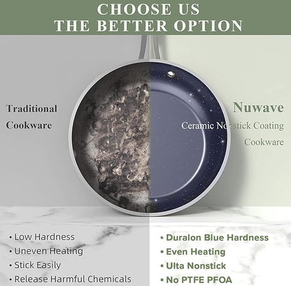 Nuwave 9pc Cookware Set Healthy Duralon Blue Ceramic Nonstick Coated, Diamond Infused Scratch-Resistant, PFAS Free, Oven Safe, Induction Ready & Evenly Heats, Tempered Glass Lids & Stay-Cool Handle