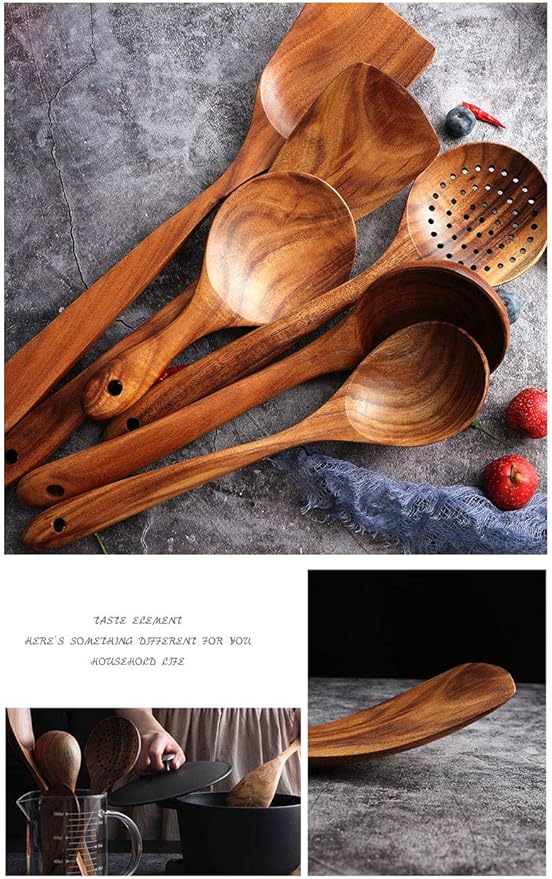Messon Wooden Spoons for Cooking, 7Pcs Handmade Natural Teak Cooking Spoons Wooden Spatula for Non Stick Cookware (7 sets) - Image 7