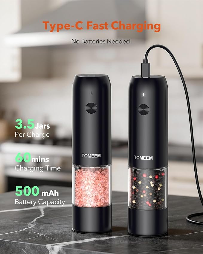 TOMEEM Electric Salt and Pepper Grinder Set with LED Lights，Rechargeable Automatic Pepper and Salt Mill with 6 Adjustable Coarseness, Dust Cover, One-Button Control for Cooking, Home Gifts