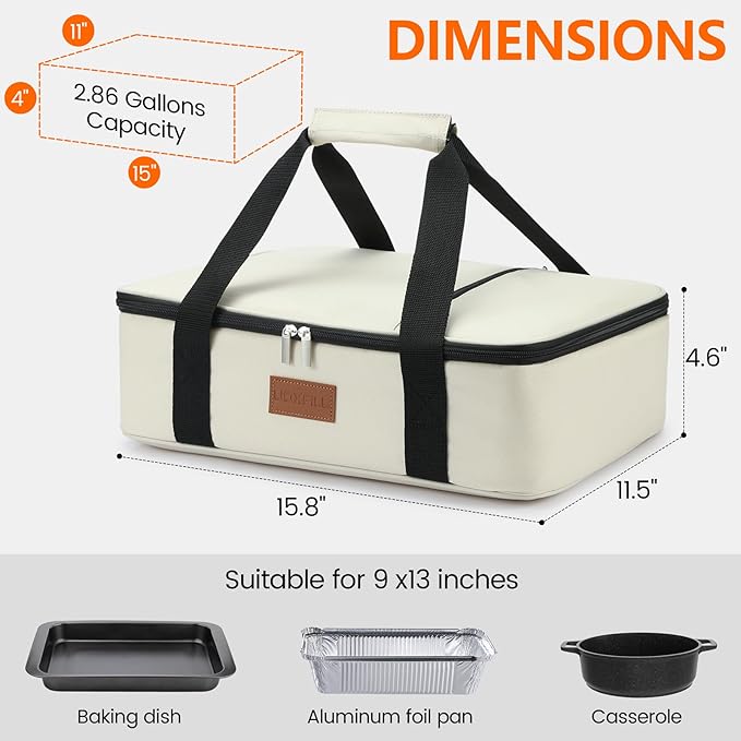 Food Warmer Electric Casserole Carrier - Large Heated Lunch Bag for Car Truck, 12V/24V/110V, Thermos for hot food for Potluck Cookouts Parties Picnic,Lasagna Lugger,Fits 9"x13" Baking Pan (Beige)