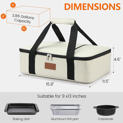 Food Warmer Electric Casserole Carrier - Large Heated Lunch Bag for Car Truck, 12V/24V/110V, Thermos for hot food for Potluck Cookouts Parties Picnic,Lasagna Lugger,Fits 9"x13" Baking Pan (Beige)