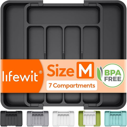 Lifewit Silverware Drawer Organizer, Expandable Utensil Tray for Kitchen, BPA Free Flatware and Cutlery Holder, Adjustable Plastic Storage for Spoons Forks Knives, 8.9-14.7 x 12.2", Black by Lifewit