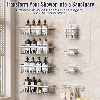 8 Pack Adhesive Rustproof Shower Shelves with Soap Dishes, Toothbrush Holder & Hooks, Large Capacity No-Drilling Shower Shelves Rack for Bathroom Organizers and Storage Accessories, Silver