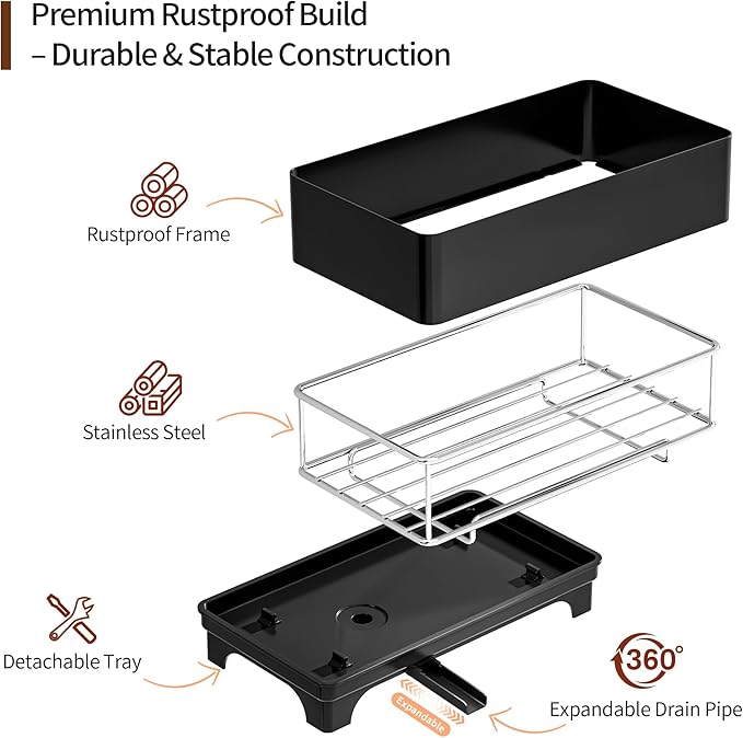 MOUKABAL Sponge Holder for Kitchen Sink – Rustproof Stainless Steel, 360° Rotating Drain Pipe, Large Counter Organizer with Drip Tray for Sponges, Brushes & Dish Cloths Black - Image 3