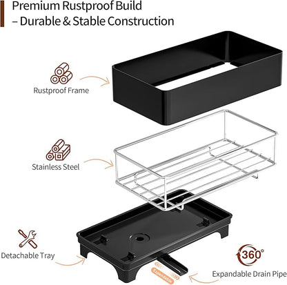 MOUKABAL Sponge Holder for Kitchen Sink – Rustproof Stainless Steel, 360° Rotating Drain Pipe, Large Counter Organizer with Drip Tray for Sponges, Brushes & Dish Cloths Black - Image 3