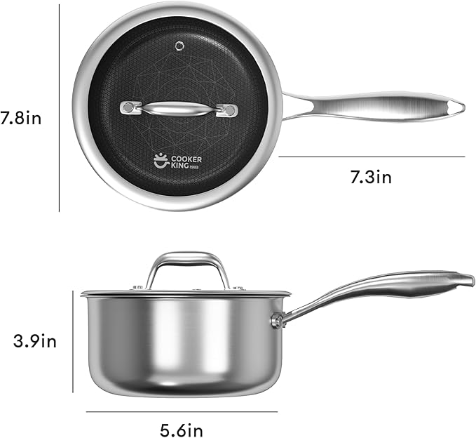 COOKER KING 2 Quart Stainless Steel Saucepan, Nonstick Sauce Pan, Ceramic Suce Pot with Tempered Glass Lid, Induction Pot Compatible with All Cooktops, Dishwasher & Oven Safe(PFAS/PFOA/PTFE Free) - Image 2