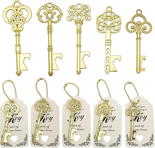 WODEGIFT 50 PCS Key Bottle Openers,Bridal Shower Favors,Rustic Wedding Favors,Gifts,Decorations or Souvenirs for guests Bulk ,Bridal Shower Party Favors with Card Tag and Chains (Gold) by WODEGIFT