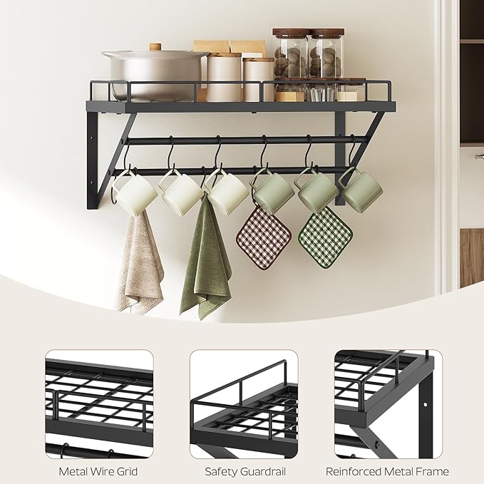 YATINEY Wall Mounted Pot Rack, 23.8 Inch Pot and Pan Organizer with 2 Tier Hanging Rails, 12 S-Hooks, Metal Pot Rack for Kitchen Cookware Organizer, Space Saving, for Kitchen Utensils, Black PR01BK - Image 8