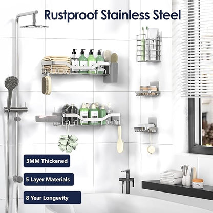 NESOMI Shower Caddy Adhesive Shower Organizer 7-Pack, Rustproof Stainless Steel Bathroom Shelves, Large Capacity No-Drill Rack Storage Accessories with Soap Dish Toothbrush Holder Hooks - Image 5