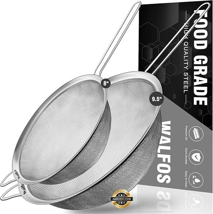 Walfos Large Fine Mesh Strainer 9.35" & 7.8", Stainless Steel Mesh Sieve with Sturdy Handle, Kitchen Metal Food Strainers for Quinoa, Rice, Pasta, Fruits, Vegetables, etc., Set of 2 by Walfos