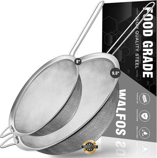 Walfos Large Fine Mesh Strainer 9.35" & 7.8", Stainless Steel Mesh Sieve with Sturdy Handle, Kitchen Metal Food Strainers for Quinoa, Rice, Pasta, Fruits, Vegetables, etc., Set of 2 by Walfos