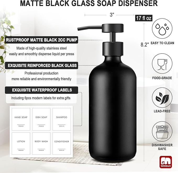 GMISUN Black Soap Dispenser, 2 Pack Matte Black Hand Soap Dispensers for Bathroom, 17 Fl Oz Glass Dish Soap Dispenser for Kitchen with Stainless Steel Pump, Modern Liquid Soap Bottle Set - Image 3
