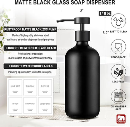 GMISUN Black Soap Dispenser, 2 Pack Matte Black Hand Soap Dispensers for Bathroom, 17 Fl Oz Glass Dish Soap Dispenser for Kitchen with Stainless Steel Pump, Modern Liquid Soap Bottle Set - Image 3
