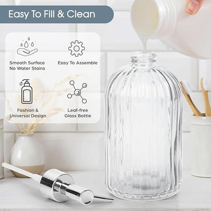 Topsky Stripe Glass Soap Dispenser with Plastic Pump, 400ml Liquid Hand Soap Dispenser, Rustproof Pump for Kitchen & Bathroom, Great for Lotions, Essential Oil, Liquid Soaps,Transparent - Image 2