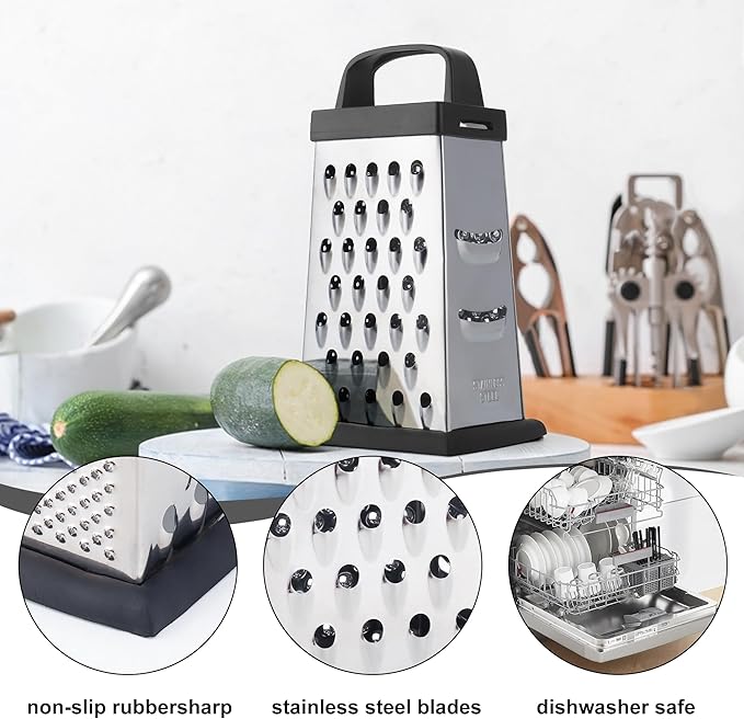 Cheese Grater, Mini Size 4-Sided Stainless Steel Grater, Food Shredder for Cheese, Parmesan, Vegetable, Dishwasher Safe, Black - Image 3