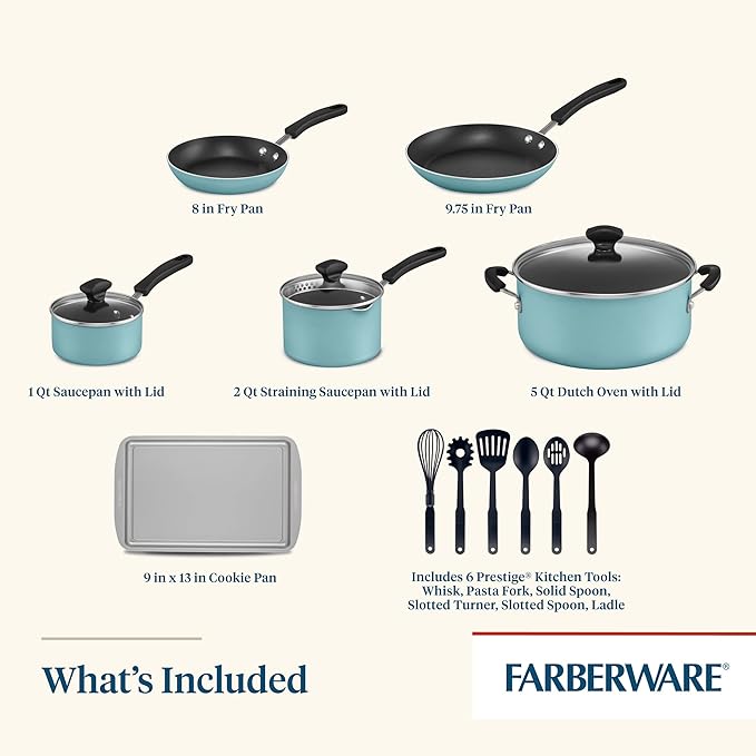 Farberware Cookstart DiamondMax Nonstick Cookware/Pots and Pans Set, Dishwasher Safe, Includes Baking Pan and Cooking Tools, 15 Piece - Aqua - Image 4