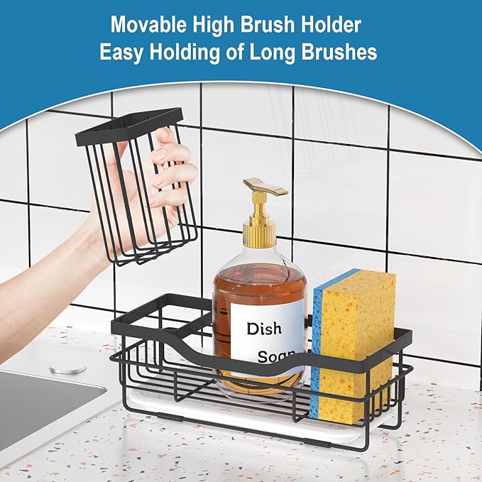 Sponge Holder for Kitchen Caddy Sink Organizer, Multifunctional Rustproof Dish Soap Sponge Caddy for Sink Counter with Detachable Brush Holder & Drain Tray - Storage Kitchen & Home Accessories - Image 3