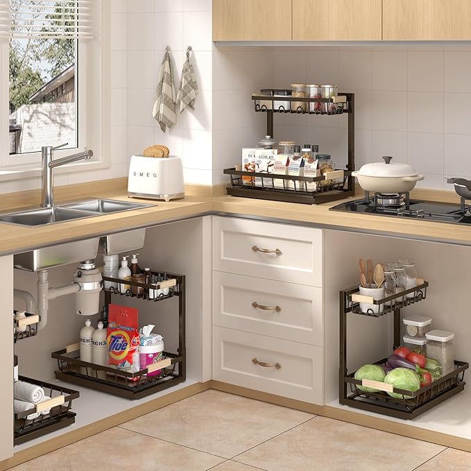 Sevenblue 2 Packs Under Sink Organizer, Height Adjustable 2 Tier Under Kitchen Sink Organizer, Multi-Purpose Storage Shelf for Kitchen Bathroom Cabinet (Brown, Large) - Image 6
