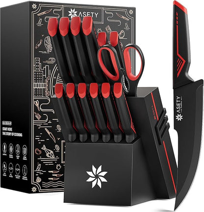 Knife Set - 15 PCS Kitchen Knife Set with Built-in Knife Sharpener Block - Stainless Steel Knife Block Set - Dishwasher Safe, Elegant Box for Men Women, Mothers Day, Red by ASETY