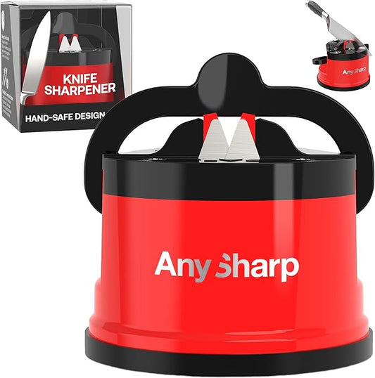 AnySharp – Global – Hands Free Knife Sharpener - Easy to Use Sharpening Tool with PowerGrip Suction Base and 20-Degree Pre-Set Angle - for All Knives: Chef's, Serrated, and Hardened Steel - Red by AnySharp