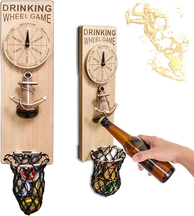 Magnetic Bottle Openers with Catcher, Wall Mounted Wooden Beer Bottle Opener with Game Roulette, Boat Anchor Corkscrew, Home Bar Accessories for Kitchen, Outdoor, Ideal Beer Gifts for Men (Style 10)