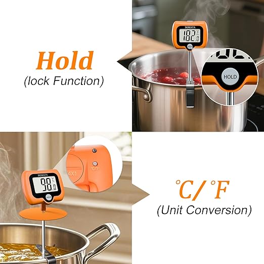 BOMATA Digital Candy Thermometer with Pot Clip, Deep Fry Oil Thermometer with Rotatable Display & Long Probe, for Candy Candle Making, Cooking, Food, Liquids, Water, Sugar.. Orange
