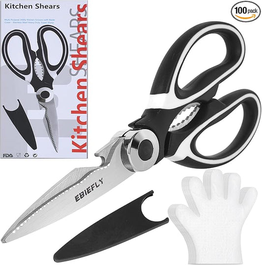 Kitchen Scissors Utility Chopping Scissor Professional Shears for Meat Cutting Sharp Kitchenaid Shears Multipurpose Scissor for Food Outdoor BBQ No Rust + 100 Pcs Plastic Gloves Disposable