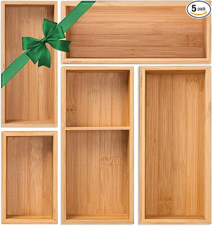 Bamboo Drawer Organizer 5 Pcs for Kitchen Multi-purpose Storage Dividers for Kitchen, Office, Jewelry, Cosmetics, Wooden Drawer Dividers for Drawer Organizer Desk Organizer Gift for Women Gifts Idea by MakeyourLifeBetter