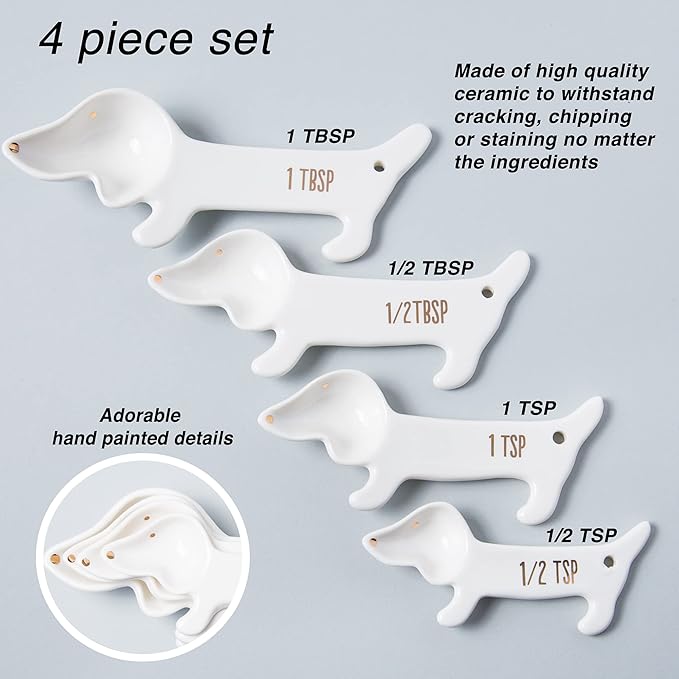 VOTUM White Dachshund Ceramic Measuring Spoon Set – Set of 4 Cute Weiner Dog Themed Kitchen Baking Tools – Gift for Dog Lovers - Image 2